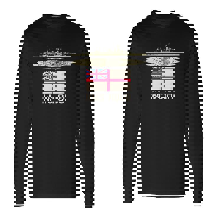 Hms Hood イギリス戦艦図 海軍旗 長袖Tシャツ