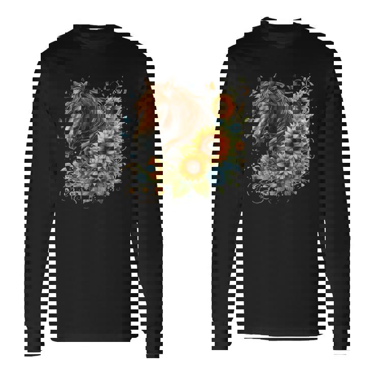 Horse Sunflower Butterfly Country Western Boho Horses Riding Long Sleeve T-Shirt