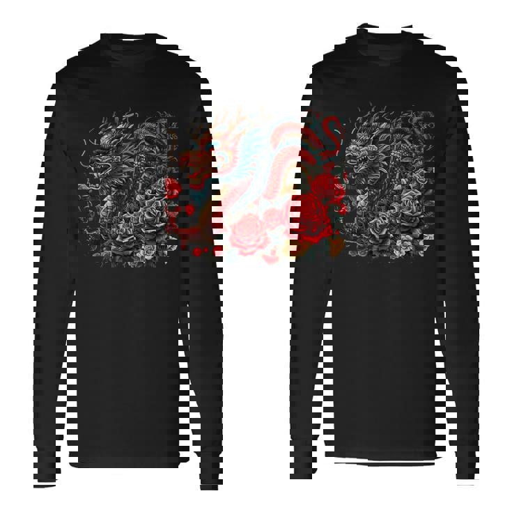 Masque D'anime Japonais Kitsune Dragon Chinois Avec Rose T-shirt à manches longues