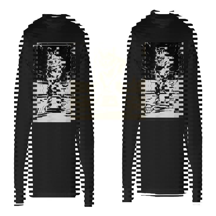 Retro Cat Playing Ice Hockey Stick Skating Sports Long Sleeve T-Shirt