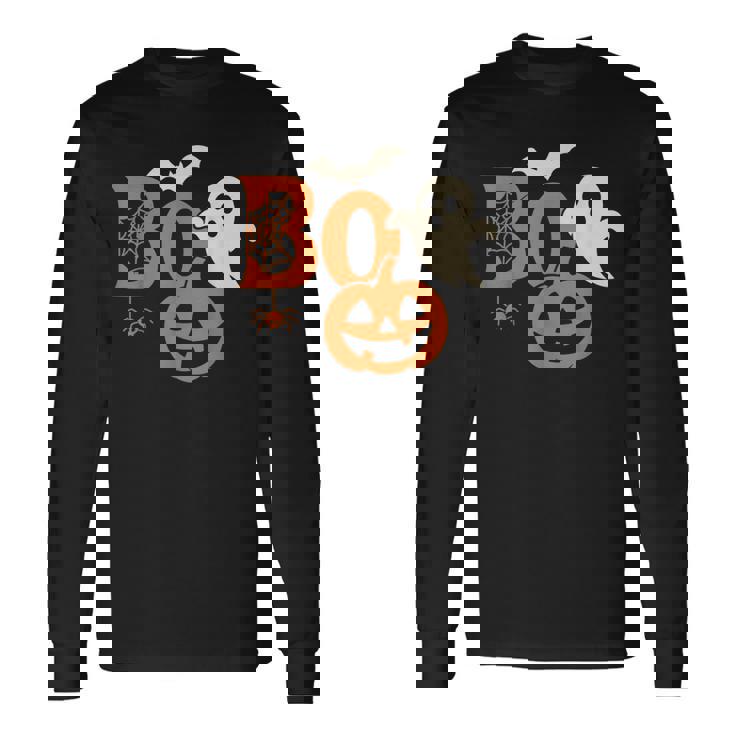 Scary Bold Boo Halloween Ghost Pumpkin Bat Spider Long Sleeve T-Shirt