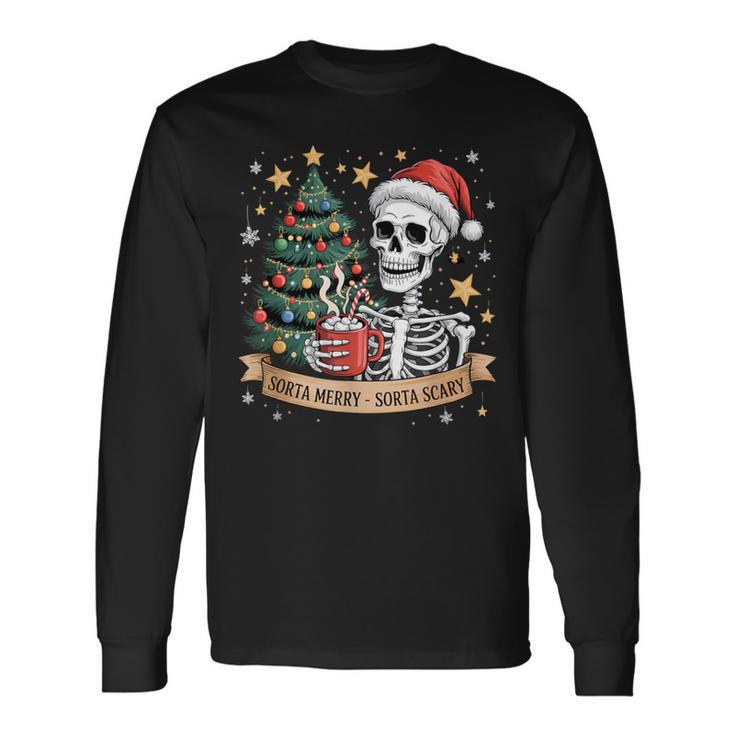 Sorta Merry Sorta Scary Retro Skeleton Hot Cocoa Christmas Long Sleeve T-Shirt
