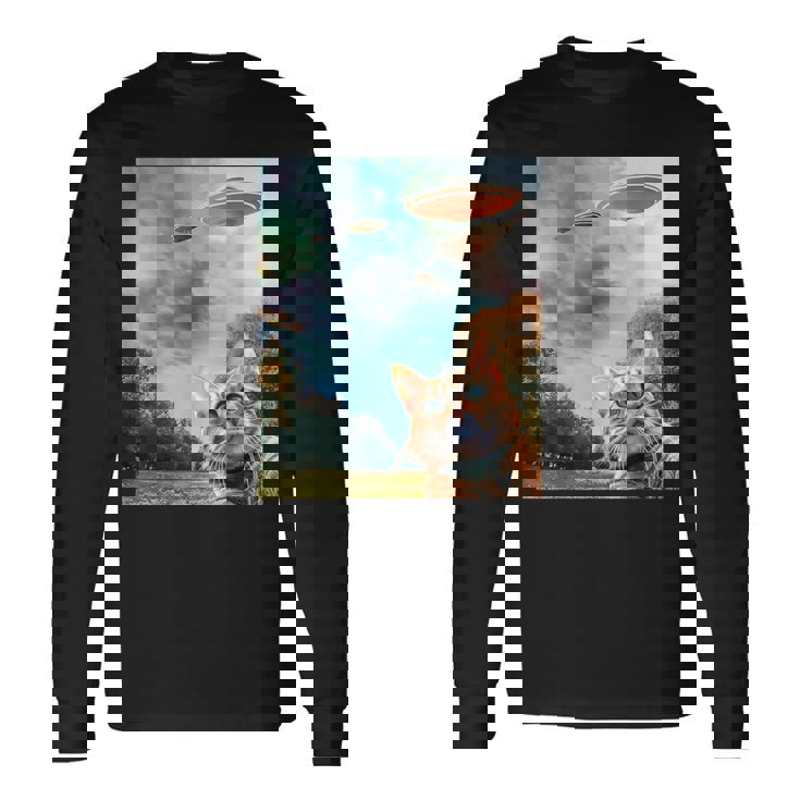Ufo付き猫セルフィー 長袖Tシャツ