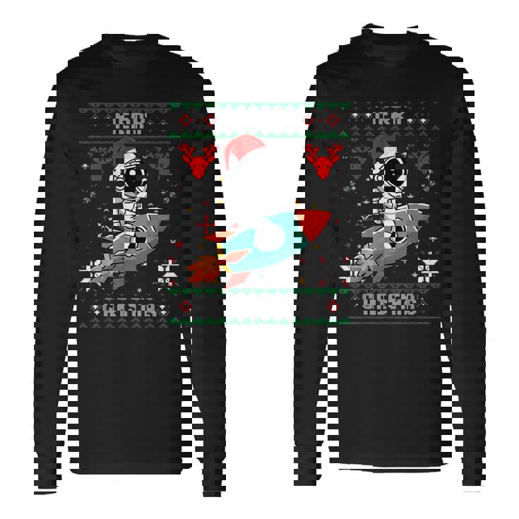 Ugly Christmas Astronaut Riding Rocket Santa Hat Tree Long Sleeve T-Shirt