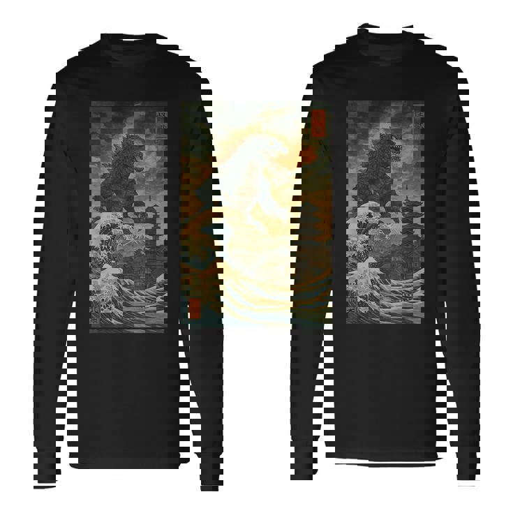 Ukiyo-E Kaiju Gran Ola Arte Monstruo Japonésintage Camiseta de manga larga