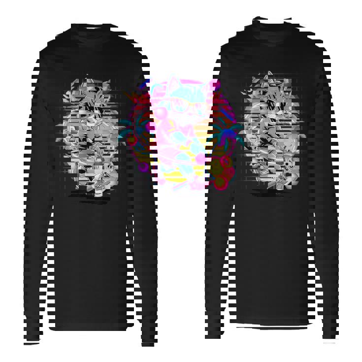 Vaporwave 猫 ピックルボール プレーヤー 80年代 レトロ 美学 長袖Tシャツ