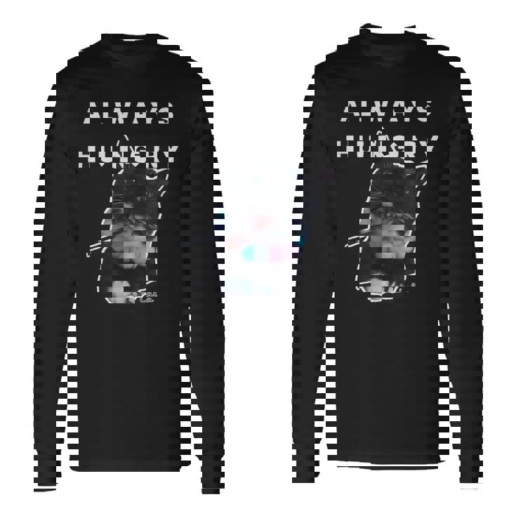 いつも空腹の猫 – 面白い食べ物好きデザイン 長袖Tシャツ