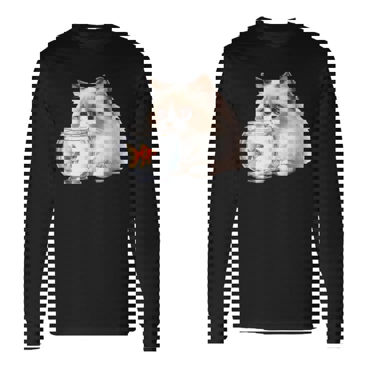 おさるのラグドール 猫と金魚 長袖Tシャツ