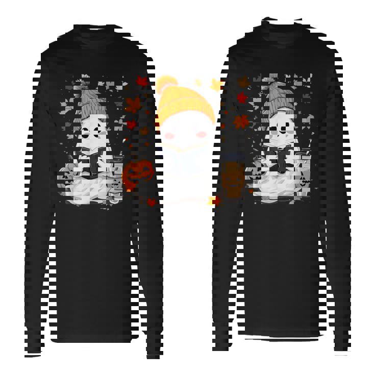 おばけ読書本 紅葉 ハロウィン ゴーストコーヒー 長袖Tシャツ