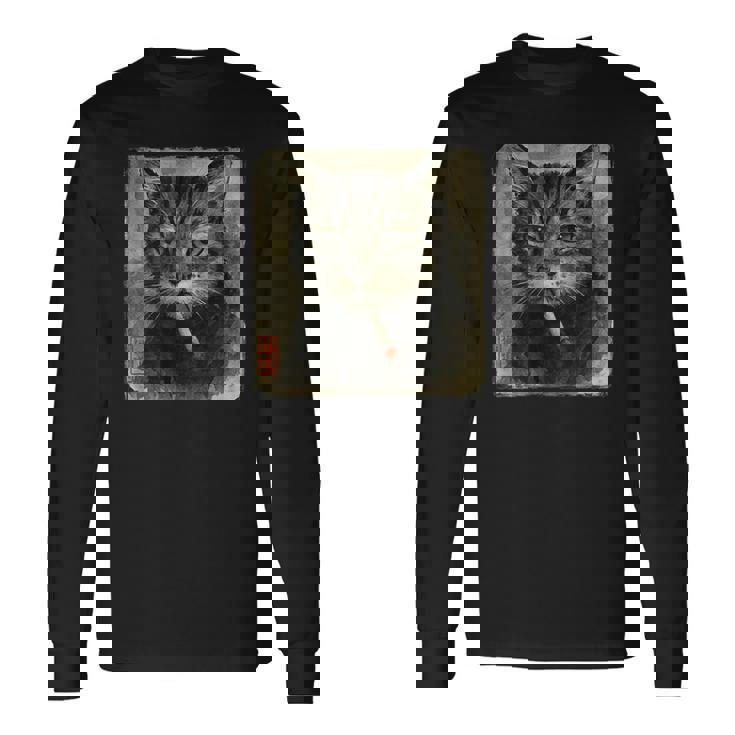 おもしろい 悲しい猫 喫煙 タバコ ミーム 恋人 墨絵 日本語 長袖Tシャツ