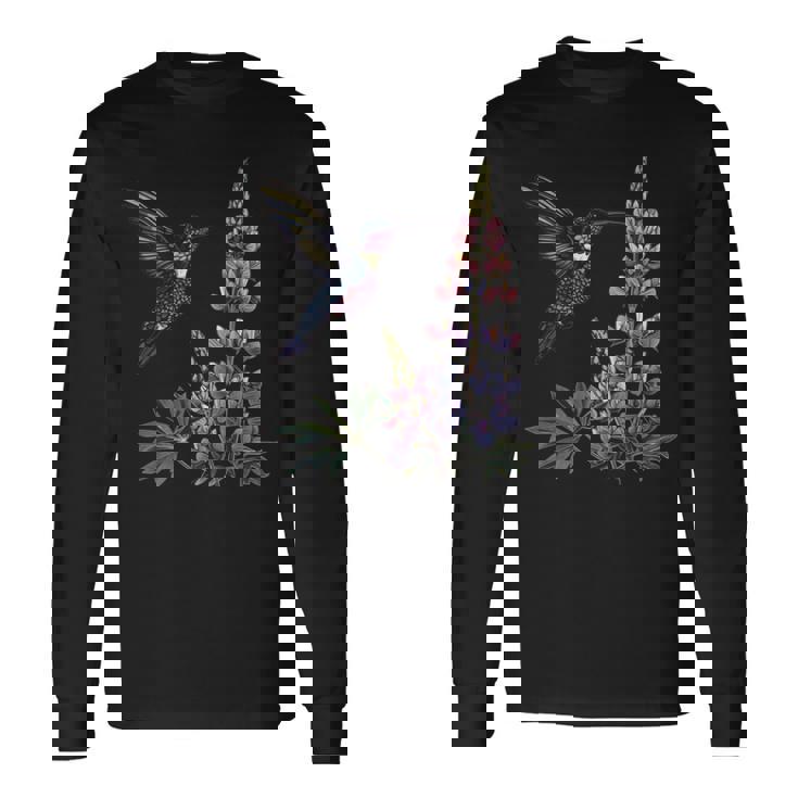 かわいいハチドリ バードウォッチング ルピナスフラワーガール 植物 ママ 長袖tシャツ 長袖Tシャツ