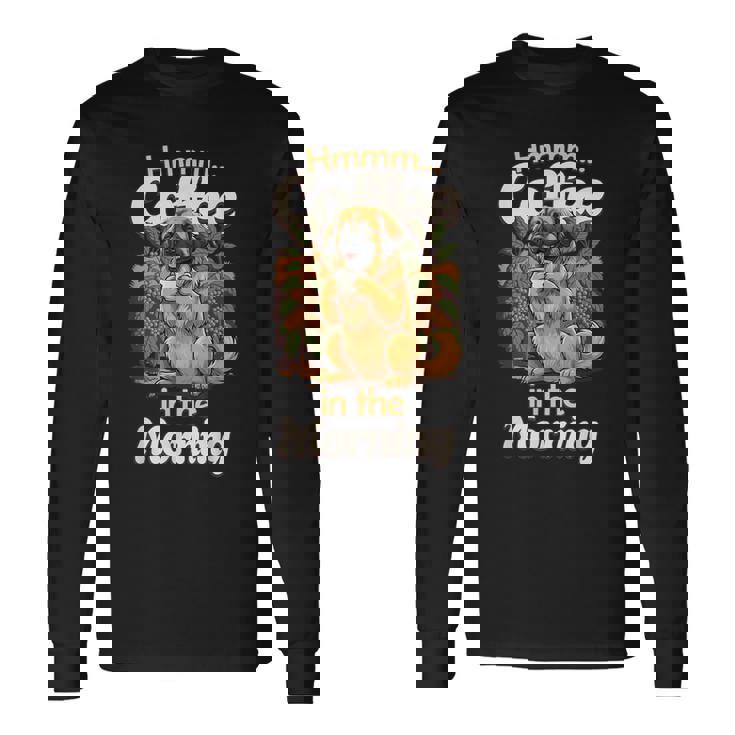 かわいいレオンベルガー犬と朝のコーヒー。 長袖Tシャツ