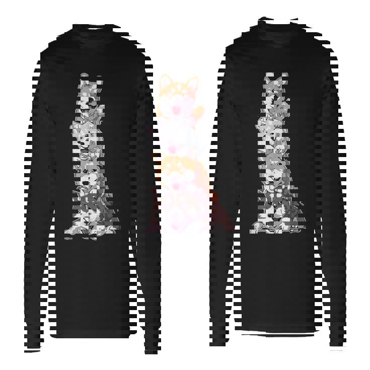 かわいい秋田犬が重ねて重ねられています 長袖Tシャツ