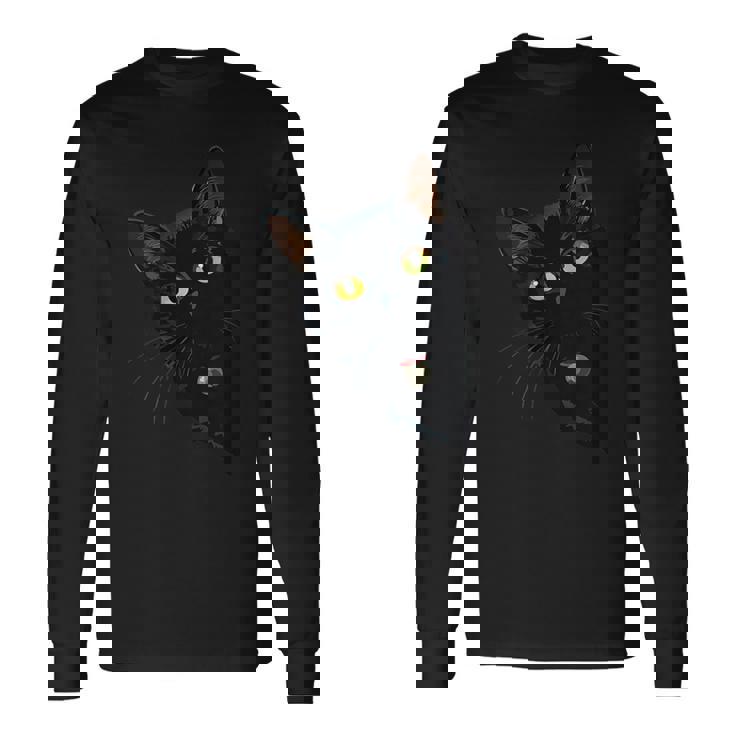 こっそり猫 物陰からじっと見つめる黒猫デザイン 長袖Tシャツ