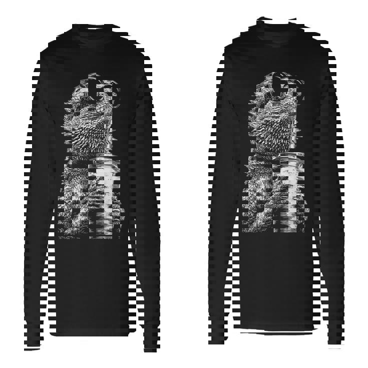 ひげを生やしたドラゴン 飲むアイスコーヒー 面白い動物 ミーム グランジ 長袖Tシャツ