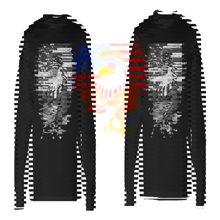 アメリカの白頭鷲、アメリカ国旗、バーベキュー、肉のグリル、愛国心、独立記念日、愛国心、誇り高きアメリカ人 長袖Tシャツ