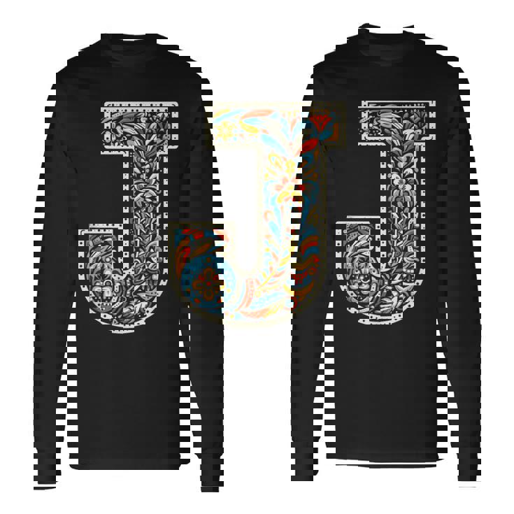 イニシャル 名前 文字 J アルファベット 民芸風 長袖Tシャツ