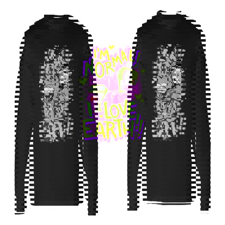 インベーダージムアイムノーマルアイラブアースデイ 長袖Tシャツ