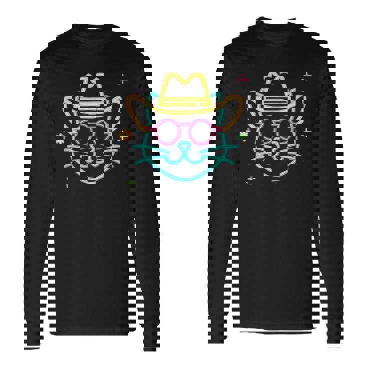 カウボーイ 猫 顔 ラウンド サングラス ウェスタン グラフィック ピンク アニマル 長袖Tシャツ ギフトのアイデア