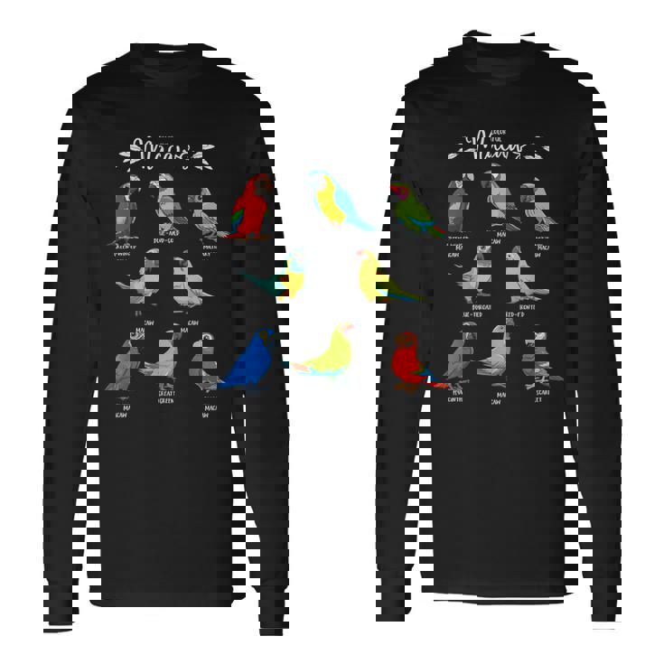 カラフルな8種のインコ コンゴウインコ 長袖Tシャツ