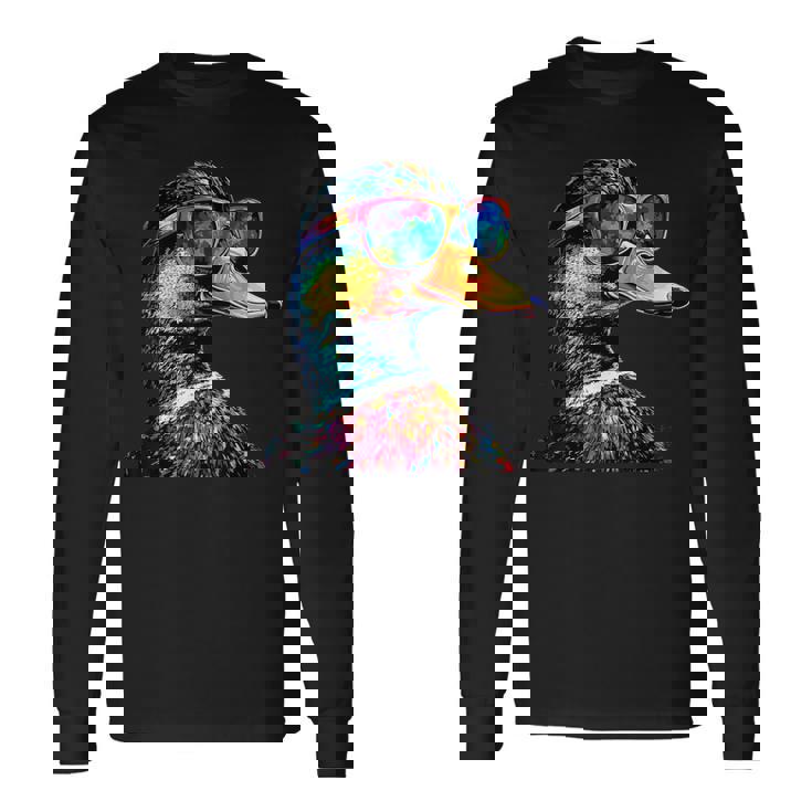 カラフルな虹色のアヒル マガモ ドレイク 小さなアヒル 長袖Tシャツ