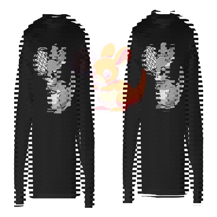 カンガルー かわいい ラケット スポーツ テニス プレイ 動物 キャラクター キュート 長袖Tシャツ