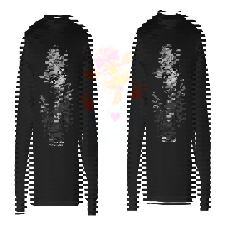 キリンガール ダブルピースサイン ピンク リボン ポップ グラフィック 遊び心のある 長袖tシャツ 長袖Tシャツ