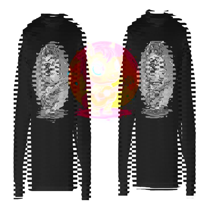ギターを持った愛らしいポニー 長袖Tシャツ