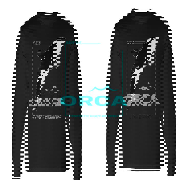 クジラと海を守るシャチ レトロなシャチのデザイン 長袖Tシャツ