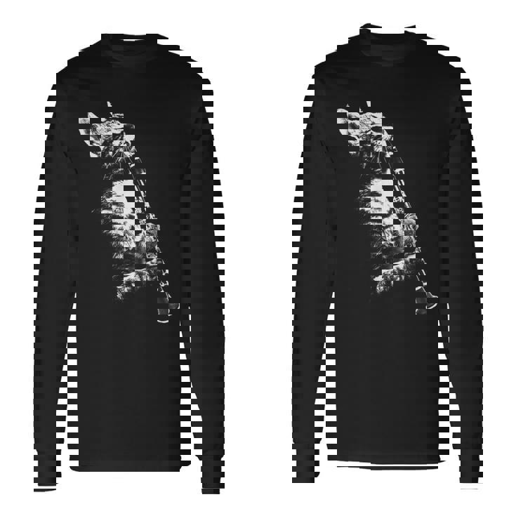 クラリネットを弾く猫 面白い猫ミュージシャン クラリネット教師 長袖Tシャツ