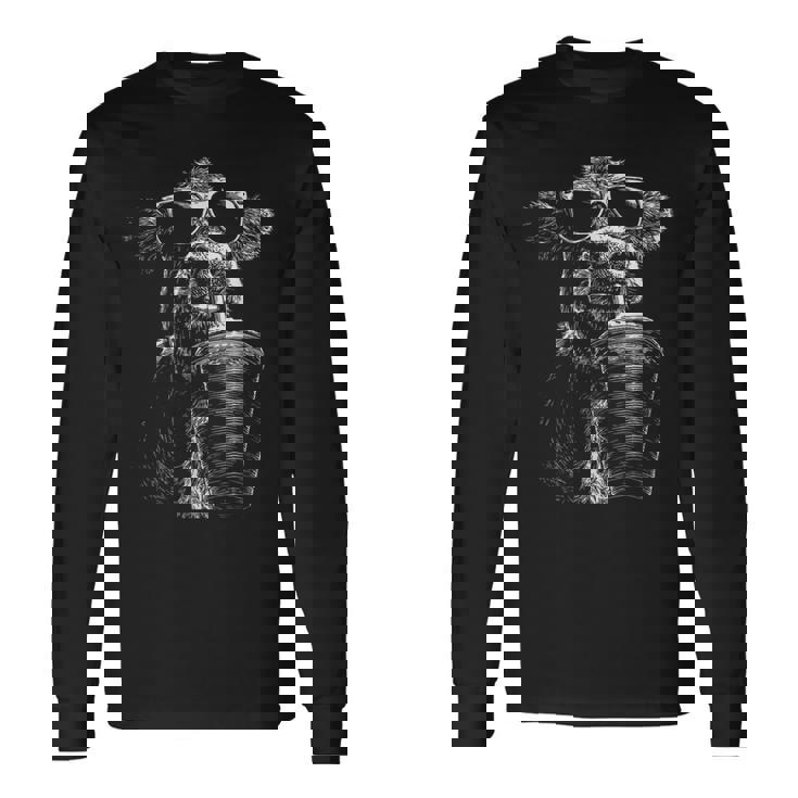 クール 牛 飲む アイスコーヒー 面白い 動物 ミーム Y2k グランジ 長袖Tシャツ