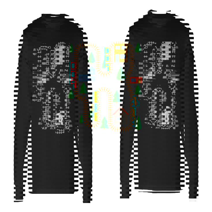 クールなプレイマット 電車線路 かわいい機関車 幼児 長袖Tシャツ