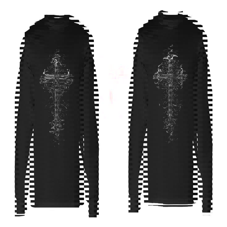 ゴシック 十字架 アーチ 華やかな十字架 宗教的シンボ 長袖Tシャツ