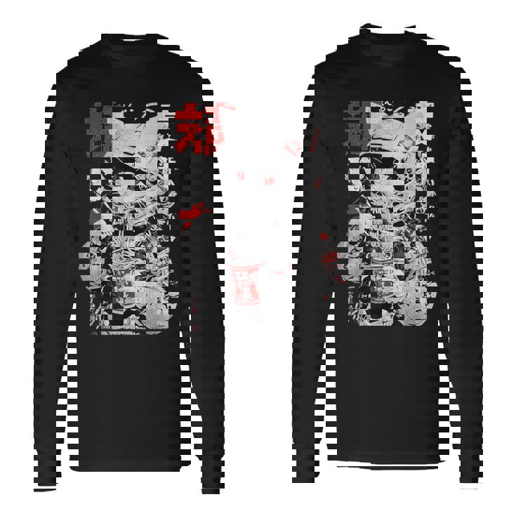 サイバーパンク 宇宙 猫ラーメン 日本のストリートウェア 長袖Tシャツ