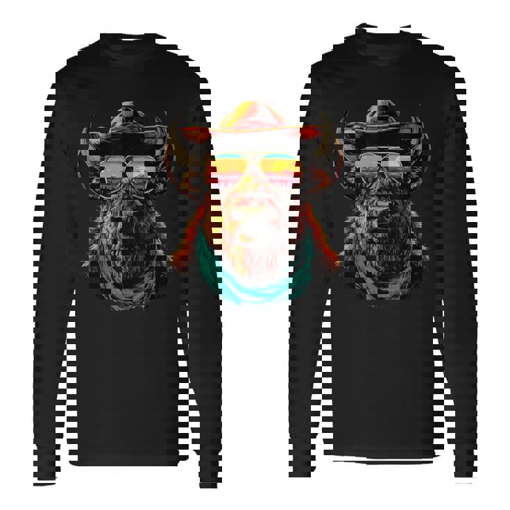 サングラス カラフル バイソン カウボーイ 動物 夕日 ウエスタン 長袖Tシャツ