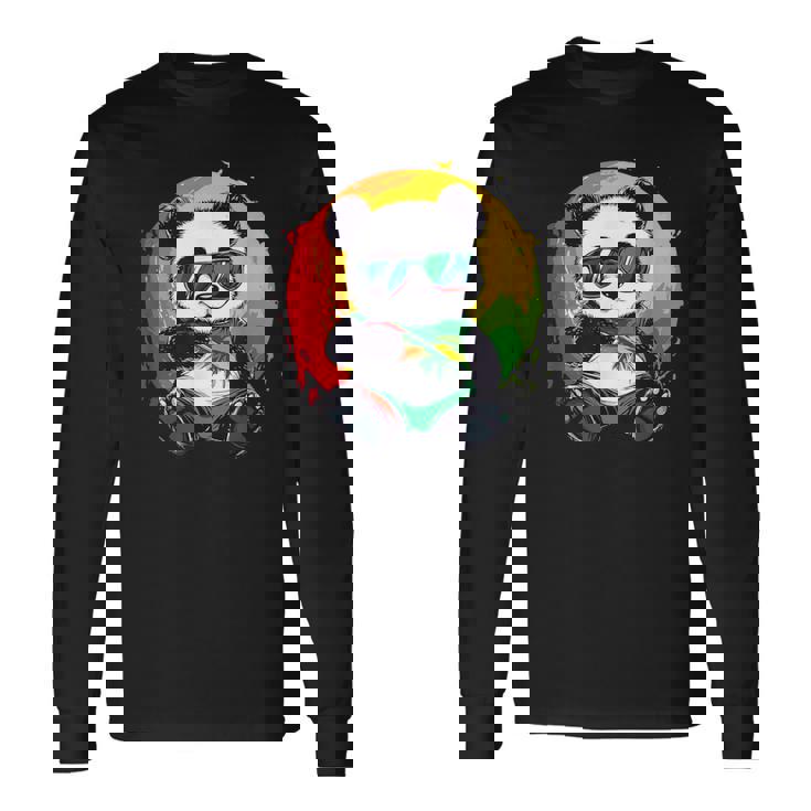 サングラス付きパンダ ラスタカラー 長袖Tシャツ