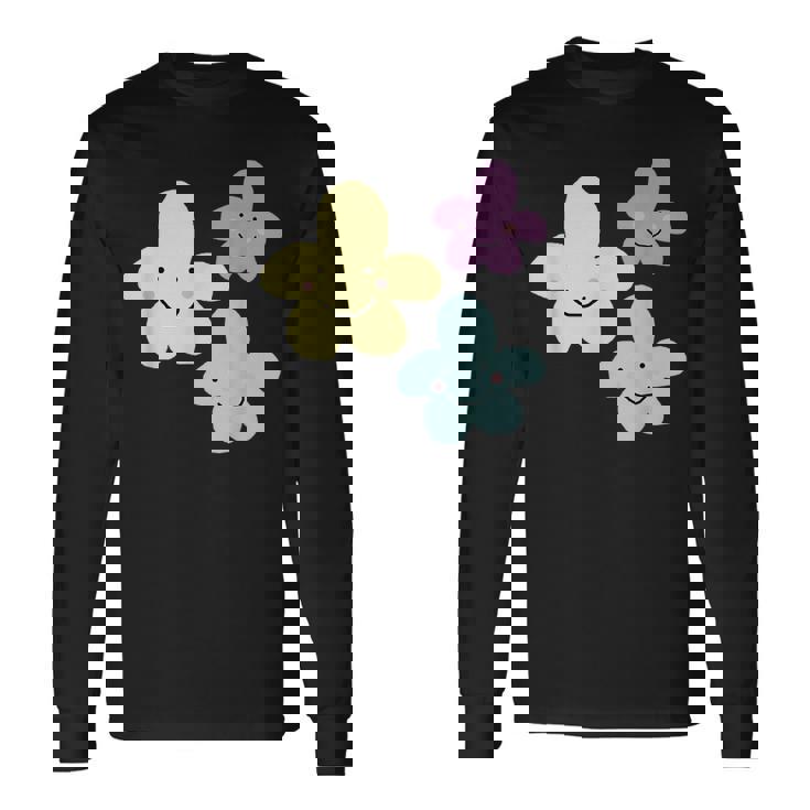 スマイリングフラワー イエロー ブルー パープル 楽しい春 長袖Tシャツ