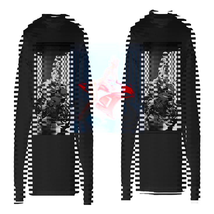 セクシーガールグラフィックtシャツ セクシーなブロンドガール&レッドストリートバイク 長袖Tシャツ