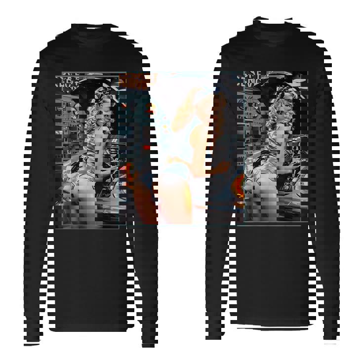 セクシーガールグラフィックtシャツ セクシーなブロンドメカニックピンナップガール 長袖Tシャツ