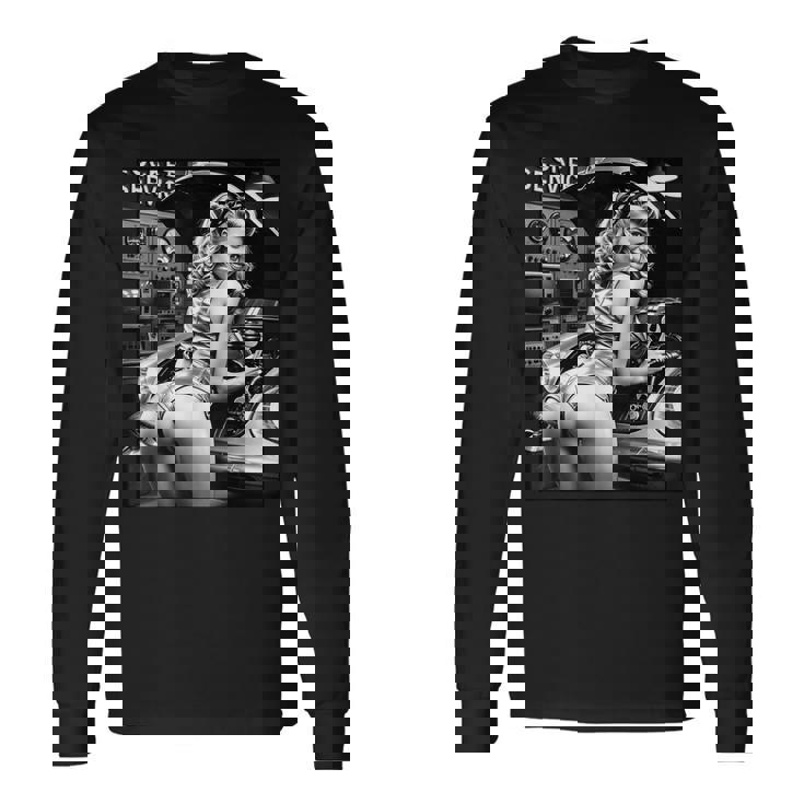 セクシーガールグラフィックtシャツ セクシーブロンドメカニックピンナップガールbw 長袖Tシャツ