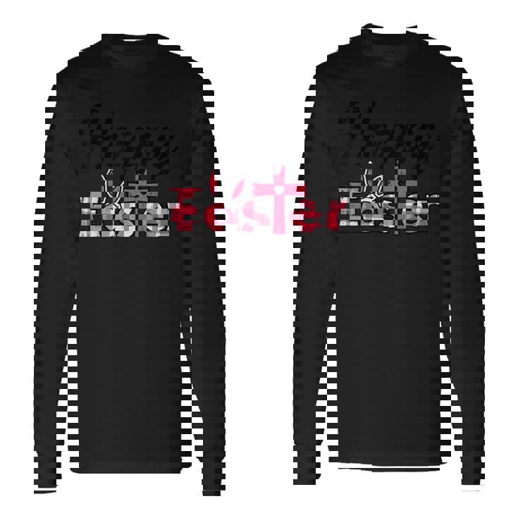 チェック柄ハッピーイースターバニー耳クロスかわいい宗教クリスチャン 長袖Tシャツ