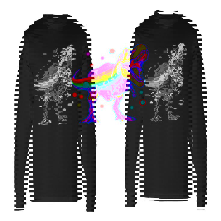 ティラノサウルス レックス 虹色 恐竜 恋人 デザイン 長袖Tシャツ