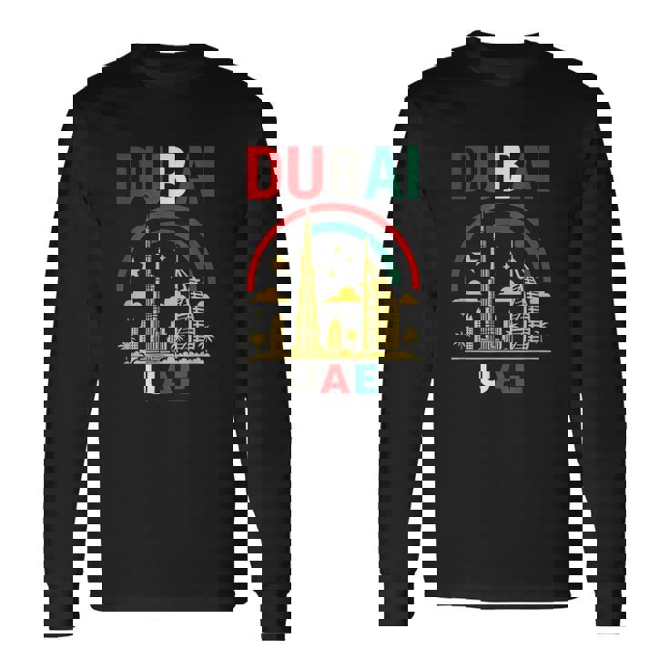 ドバイuaeスカイラインデザイン – ブルジュハリファとヤシの木 長袖Tシャツ