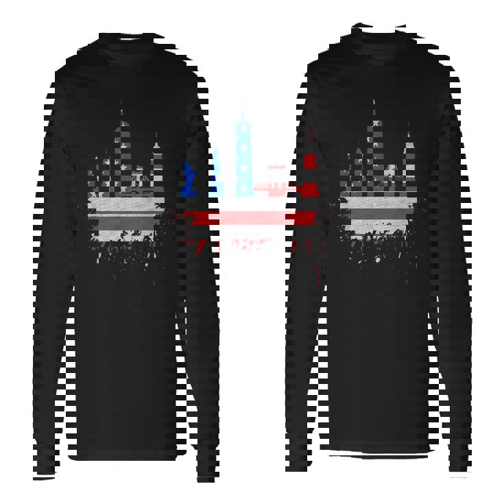 ニューヨーク・スカイライン 星条旗 アメリカ国旗アート Love Ny 長袖Tシャツ