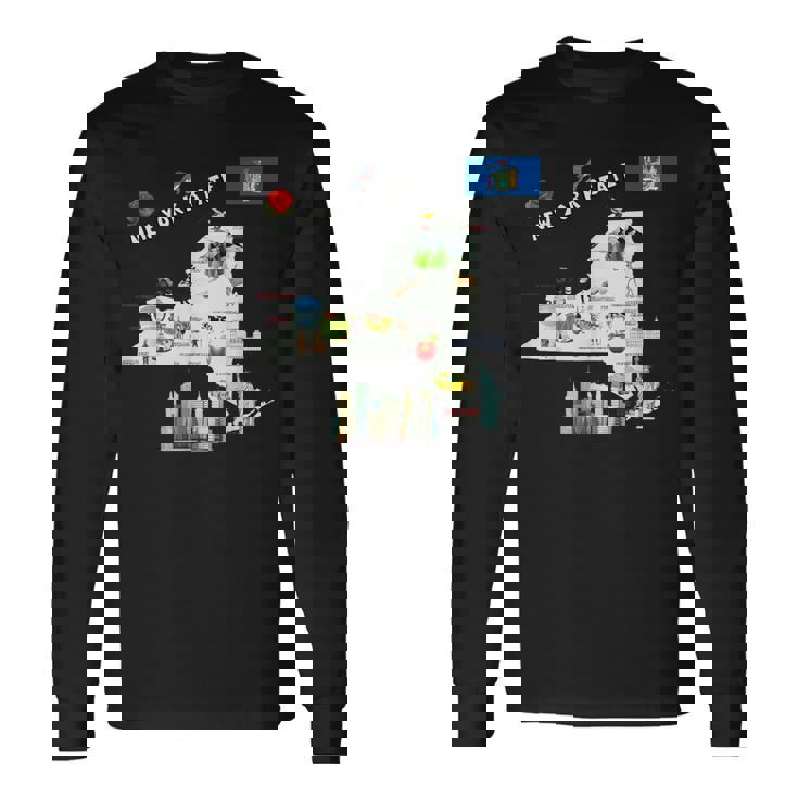ニューヨーク州地図 観光地 都市 旗 長袖Tシャツ ギフトのアイデア