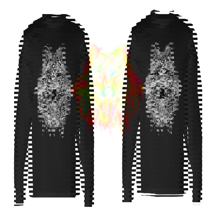 ネイティブアメリカンの羽 狼 星 プリティトレンディ 長袖Tシャツ