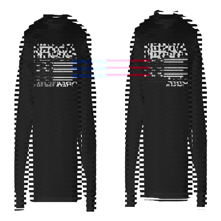 ネブラスカの座標 米国旗 長袖Tシャツ