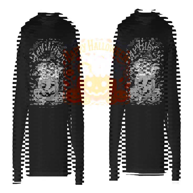 ハッピーハロウィン猫 パンプキン 魔女の帽子デザイン 長袖Tシャツ