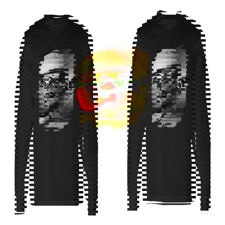 ハンバーガー 演奏 ギター ギタリスト ファニー ファーストフード ハンバーガー 長袖Tシャツ