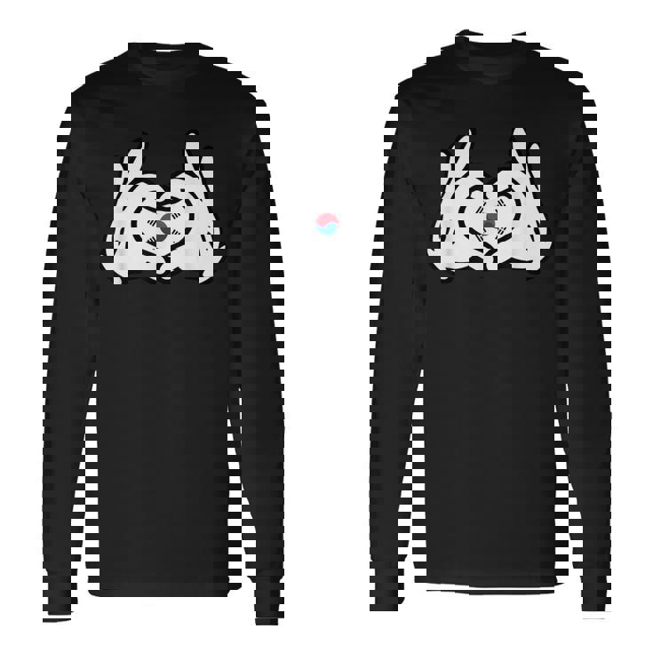 ハートを形作る漫画の手 韓国国旗 長袖Tシャツ